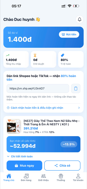 Màn hình Matumi: dán link sản phẩm Shopee và thấy số tiền hoàn ước tính 52.994đ